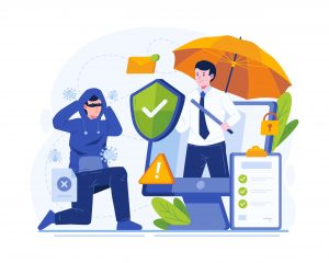 A business professional stands under an orange umbrella holding a baton and shield with a green checkmark, symbolizing cyber defense, while a hacker in a hoodie appears frustrated beside him. Surrounding icons include a lock, warning symbol, email, bugs, and checklist, representing digital threats and data protection.